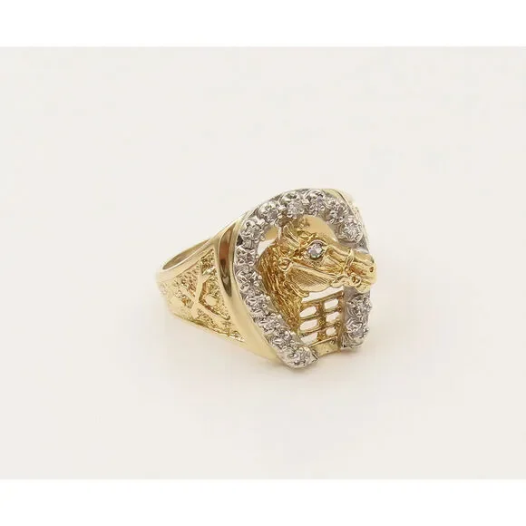 14K GOLD Vintage Good Luck Horseshoe Round Cut Diamonds Ring Sz 10 GR663